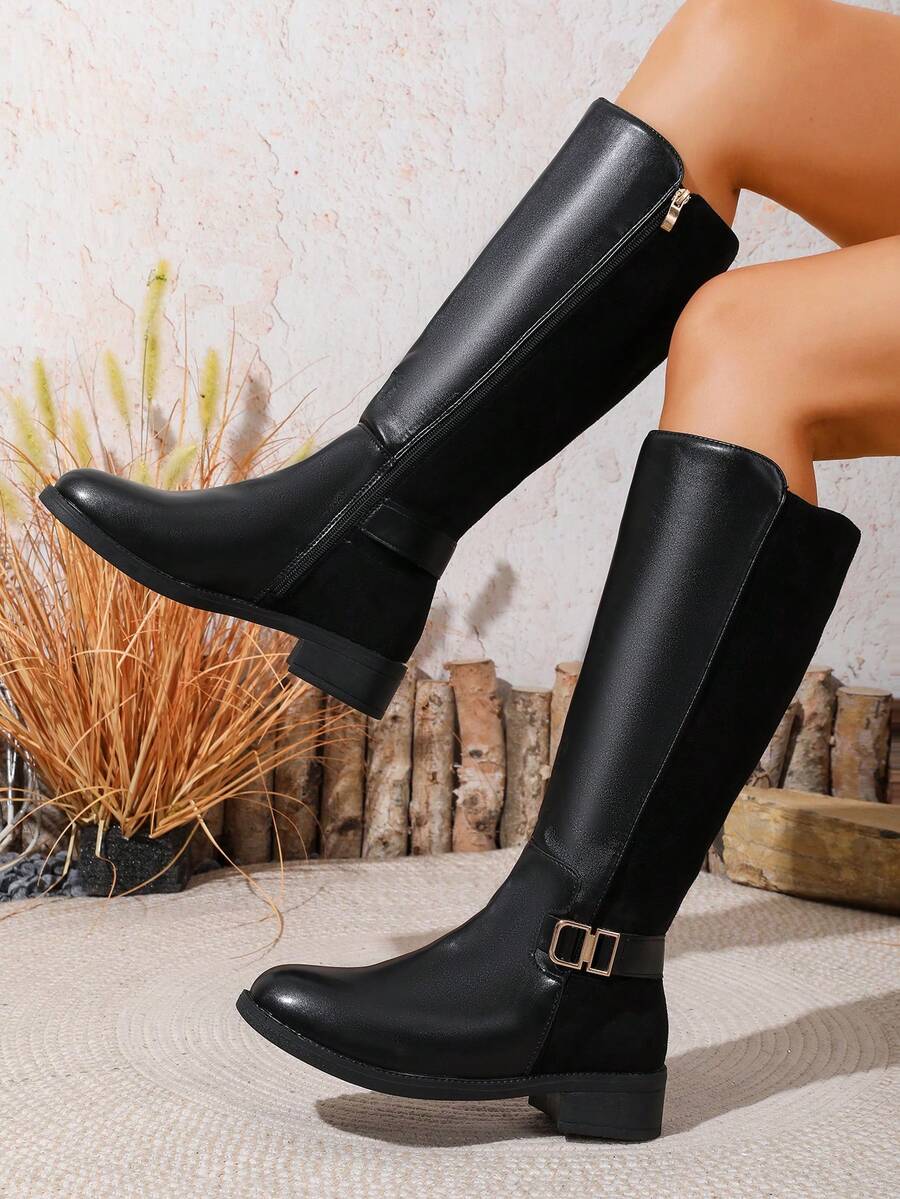 American Vintage Buckle Knee-High Boots For Women With Side Zipper, Chunky Low Heel, Equestrian Style, Versatile For Autumn/Winter Daily Wear - Black - View 1