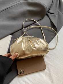 Women's Fashion Pleated Cloud Crossbody Bag, Casual Commute Minimalist Clasp Shoulder Phone Bag, PU Material - Gold - View 9