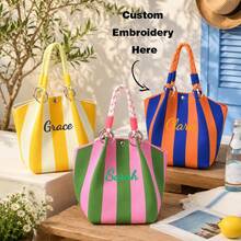 Personalized Crochet Knit Handbag Contrast Stripe Mini Tote Bag, Fashion Knitted Small Top Handle Purse, Handheld Bag For Daily Use, Travel, Shopping - Multicolor - View 1