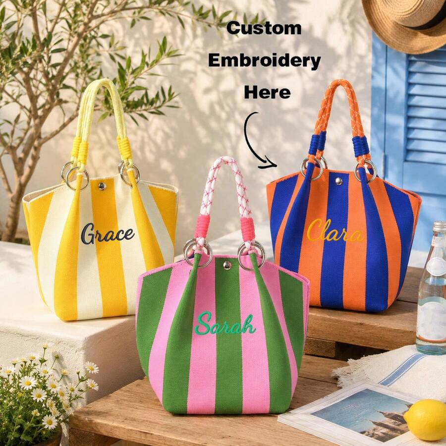 Personalized Crochet Knit Handbag Contrast Stripe Mini Tote Bag, Fashion Knitted Small Top Handle Purse, Handheld Bag For Daily Use, Travel, Shopping - Multicolor - View 1