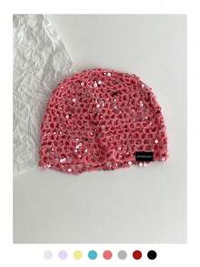 Black Label With Sequin Lettering, Handmade Woven Sequin Hollow Mesh Hat For Women, Fashionable Retro Versatile Beanie, Face-Slimming Knit Cap, Hollow Sequin Cold Weather Hat, Niche Design, Sweet And Cool Beanie, Lace Hat, Sweet And Hot Girl Mesh Hat, Handmade Woven Hollow Crochet Beanie For Women, Spring/Summer Retro Artistic Thin Breathable Beanie - Black Label Glitter - View 10