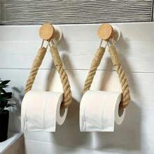 1/2pcs Handmade Jute Rope Toilet Paper Holder, Vintage Style Hook, Wall-Mounted Towel Ring, Toilet Paper Holder With Hook, Towel Rack, Natural Jute Rope, Bathroom Accessories - Khaki - View 4