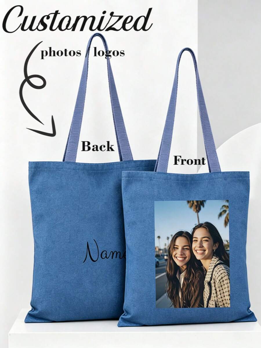 1pc Customized Canvas Bag, Foldable Lightweight Casual Shopping Bag, Customized Souvenir, Party Decoration, Unique Minimalist Fashion Foldable Shopping Tote, Valentine's Day, Halloween, Christmas, Birthday Gift, New Year Gift, Charming - Blue - View 1