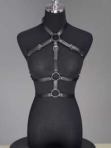 PU Leather Waist Belt Black Collar Cross Full Body Harness,Double Metal Ring Dual Layer Adjustable Shoulder Strap For Punk Y2K Office Rave Cosplay - 彩色 - 查看 6