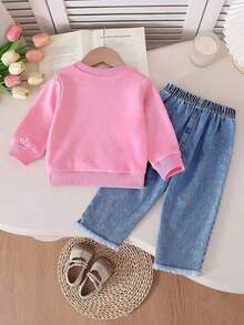 Young Girl Cartoon Print Crew Neck Sweatshirt And Denim Jeans - Pink - View 2