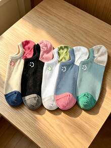 5 Pasang Kaos Kaki Wanita Model Pendek Tak Terlihat, Kaos Kaki Model Boat dengan Motif Wajah Tersenyum Warna Kontras, Kaos Kaki Tak Terlihat yang Bernapas, Cocok untuk Sepatu dan Sandal Bersol Kayu - MultiWarna - View 2