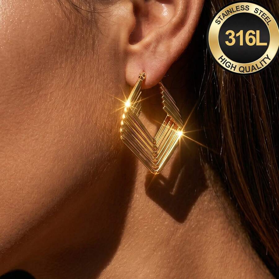 High-Quality Hypoallergenic Stainless Steel Gold Earrings, 6-Piece Square Metal Wire Cross Design, Fade-Resistant, Elegant Earrings - Gold - View 1