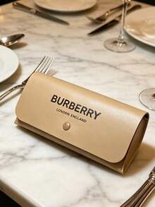 1pc Burberry Hard Artificial Leather Eyeglass Case, Fashion Eyeglass Case With Cleaning Cloth Gift Box Set - Khaki - View 4