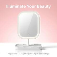 مرآة مكياج LED بحلقة مستطيلة مستديرة من مواد فاخرة، مع صينية تخزين مدمجة متعددة الأقسام، تحكم باللمس قابل للتعديل في السطوع والتعتيم، مرآة سطح مكتب بلونين أبيض ووردي، مناسبة للفتيات والنساء كأداة تجميل للحمام والمنزل، بطارية 500mAh - متعدد الألوان - مشاهدة 7