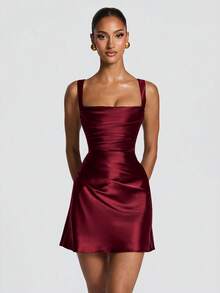 Women's Elegant Sexy Satin Fitted Mini Dress, Elegant Sleeveless Square Neck, Ruched Bust Design, Sexy Party Ball Outfit Wedding Fall - Burgundy - View 4