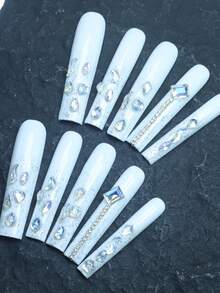 CrystalHola 10片手工穿戴甲，長款棺材形亮面水鑽美甲，奢華3D飾品裝飾美甲，壓克力材質，可重複使用，批發，迷人百搭風格，適合日常穿戴/約會/派對/婚禮/夜晚出門，工具隨機顏色 - 彩色 - 查看 6