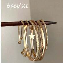 6pcs Gold Bracelet Set, Mixed Texture Stackable Star Shape Bangles, Women's Daily Wear Holiday Gift - Gold - View 3