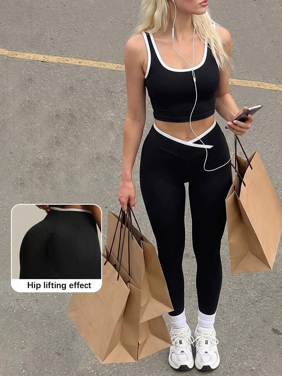 Leggings For Women, Cross Waist Shapewear Tummy Control Butt Lift, Padel Tennis Pickleball Yoga Gym Knit Casual, Black & White Halloween Costume Women - Black - View 1