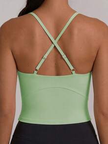 Sodalemon Women's Adjustable Spaghetti Strap Sports Tank Top, Elastic Detachable Lining, Solid Color Yoga Training Fitness Activity Casual Gym Top - Mint Green - View 5