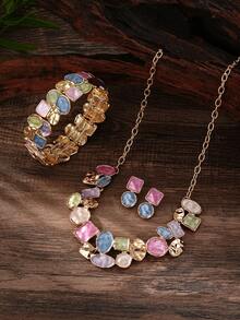 Cring Coco 3Pcs Women Multicolor Pastel Enamel Jewelry Set Golden Tone Chunky Statement Necklace Drop Earrings Open Cuff Bracelet Color Block Matching Jewellery - Geometry 1 - View 10