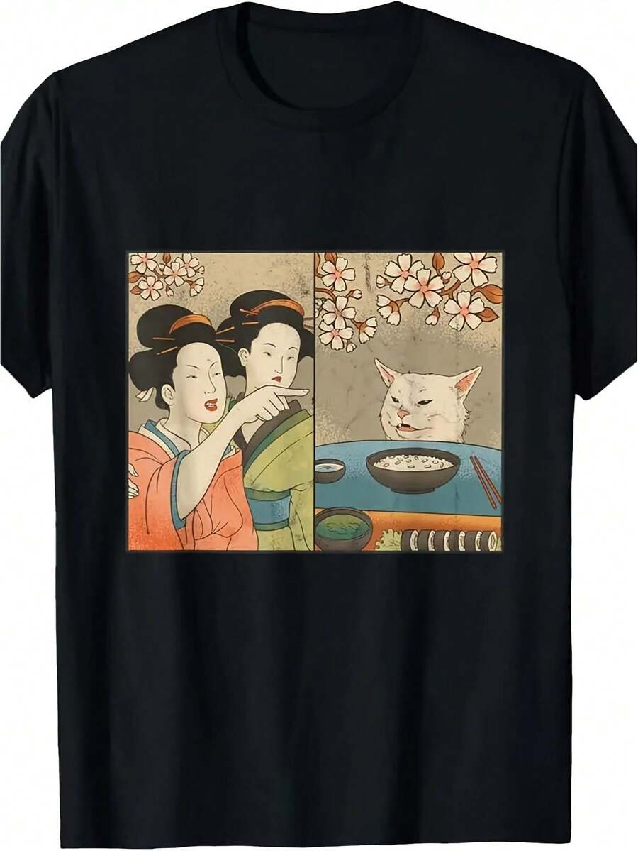 Japanese-Style Art With Cherry Blossom Cat And Sushi Prints T Shirt - Unisex Vintage Patterned Top,Features Geisha And Lucky Cat Designs,Soft, Breatha - Black - View 1