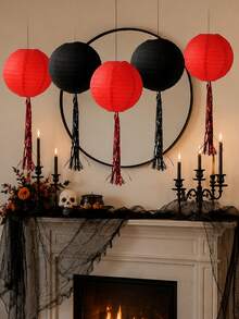 4/1 Set Halloween Black Paper Lanterns With Tassels, Black Paper Lanterns, Halloween Hanging Paper Lantern Set, Suitable For Indoor And Outdoor Halloween Party, Yard Trees, Porch, Ceiling Decoration Paper Lanterns - Multiple Styles - View 6