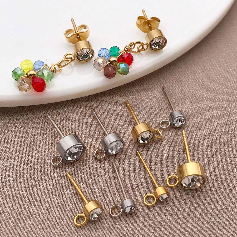 2Pcs 14/15/16mm Stainless Steel Gold Color Zirconia Stud Earrings Post With Hook For DIY Earring Making Jewelry Findings Wholesale