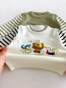 Infant Toddler Spring Autumn New Knitted Sweater Set, Cartoon Lion 3D Embroidered Faux Two-Piece Top And Pants Set - Green - View 5