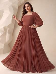 Square Neck Pleated Lantern Sleeve Dress With Ruffle Hem, Elegant Chiffon Bridesmaid Gown - Redwood - View 1