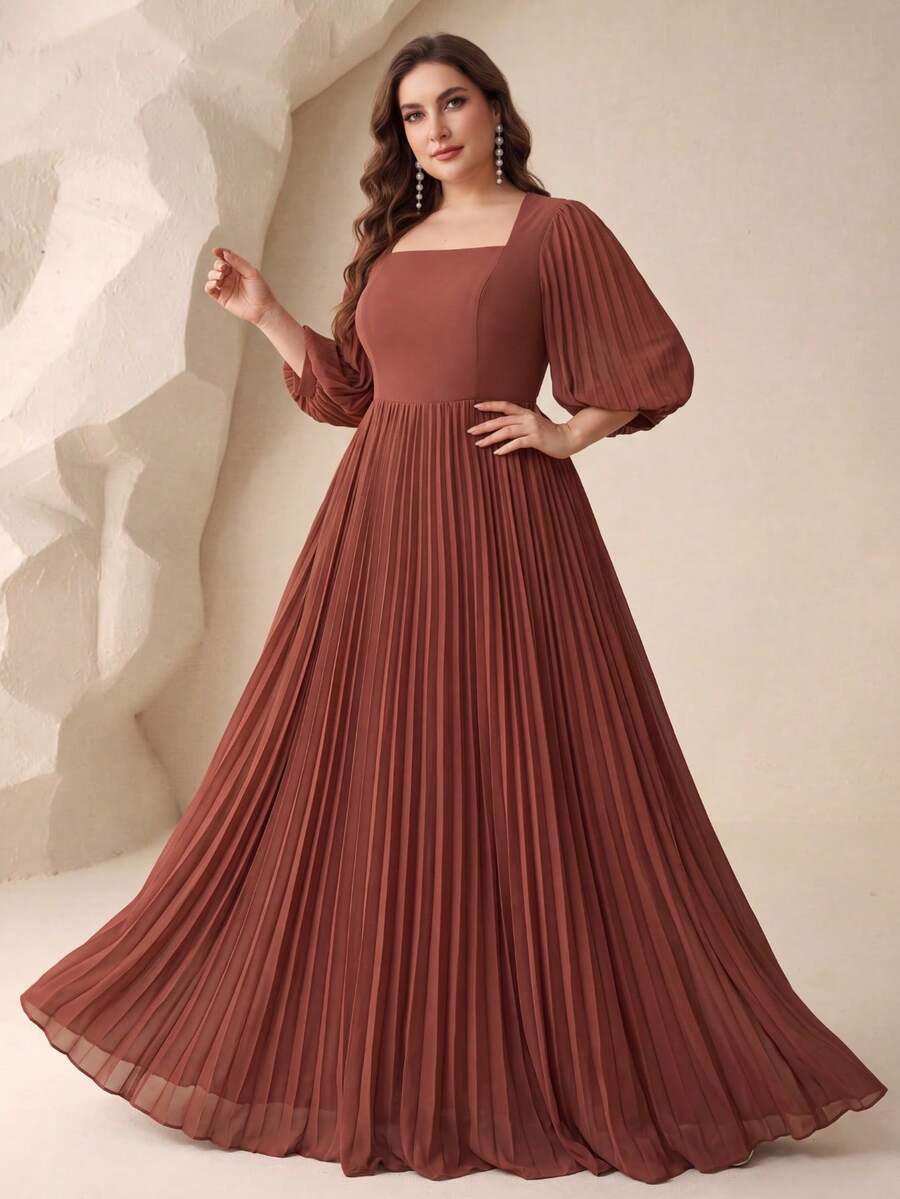 Square Neck Pleated Lantern Sleeve Dress With Ruffle Hem, Elegant Chiffon Bridesmaid Gown - Redwood - View 1