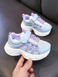 Children's Sports Hook And Loop Thick Sole Sneakers, Hollow Mesh Patchwork Color Block Walking Flat Training Shoes, Blue Lavender Color, Suitable For Daily School Activities - Blue - View 5