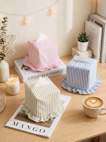 1PC Striped Ruffle Fabric Tissue Box Cover, Washable And Reusable Tissue Holder, Frilly Trim Napkin Dispenser Bag, Dustproof Storage For Bedroom Bathroom Car Desk And Cottagecore Home Decor - Multicolor - View 1