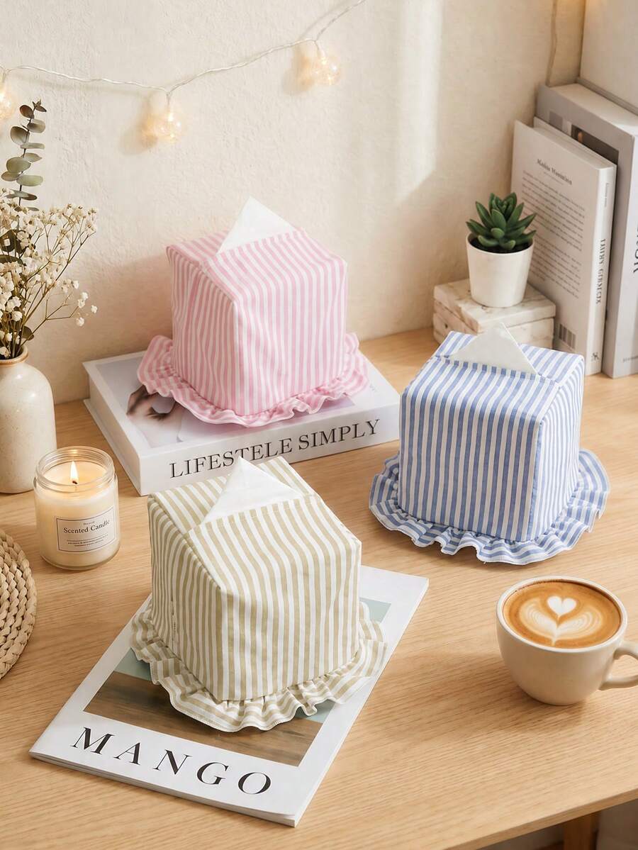 1PC Striped Ruffle Fabric Tissue Box Cover, Washable And Reusable Tissue Holder, Frilly Trim Napkin Dispenser Bag, Dustproof Storage For Bedroom Bathroom Car Desk And Cottagecore Home Decor - Multicolor - View 1