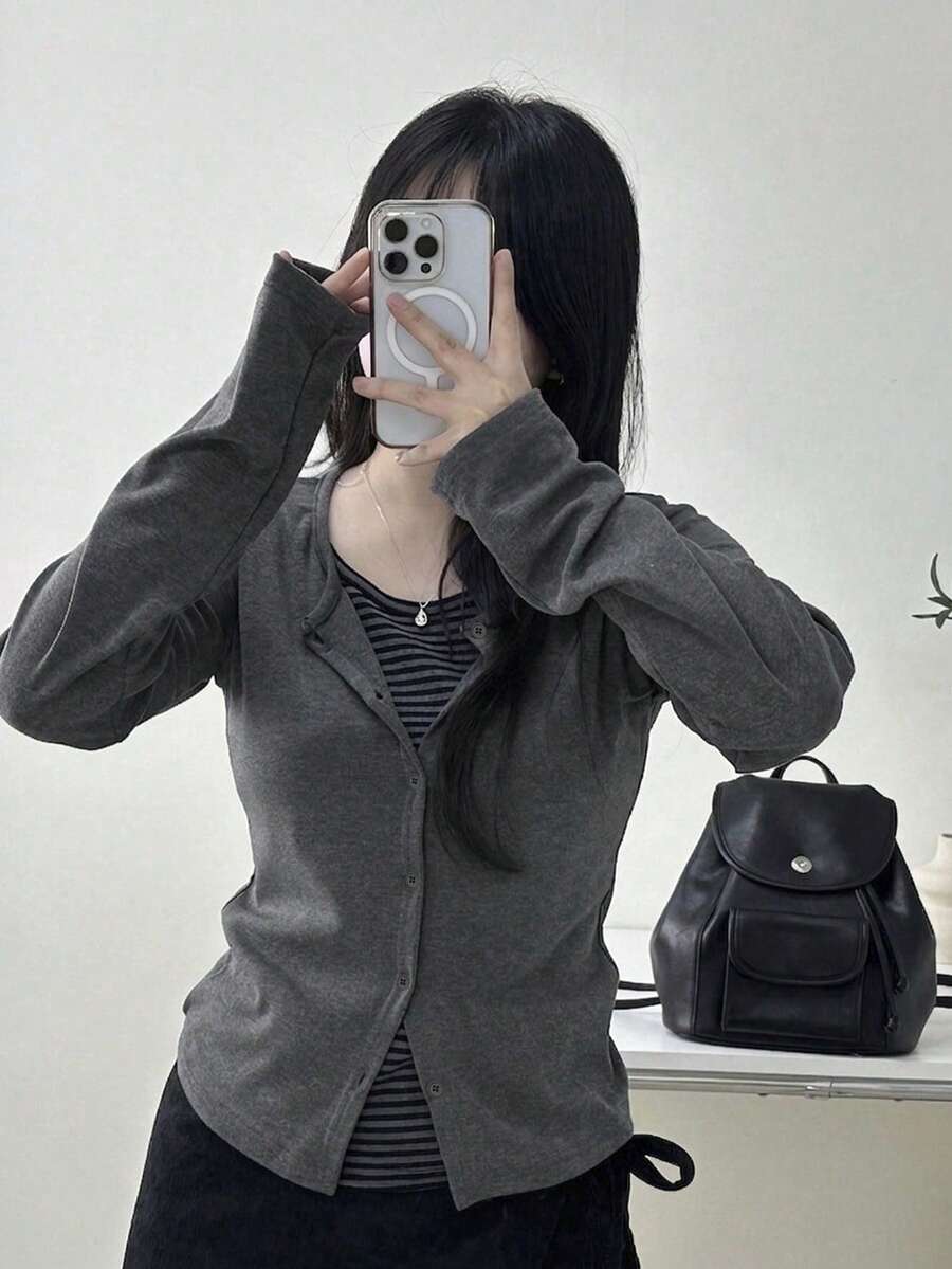 女士多功能修身撞色二合一条纹拼接圆领修身长袖开衫,秋季款 - 深灰色 - 查看 1
