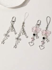 1 pièce/4 pièces Chaîne de téléphone style Y2K mode femme, nœud rose doux, étoile argentée, étoile à cinq branches, cœur, perles roses & argentées, pendentif de sac, décoration de sac de chaîne de téléphone créative, convient comme cadeau pour la meilleure amie pour la rentrée scolaire - Multicolore - Voir 2