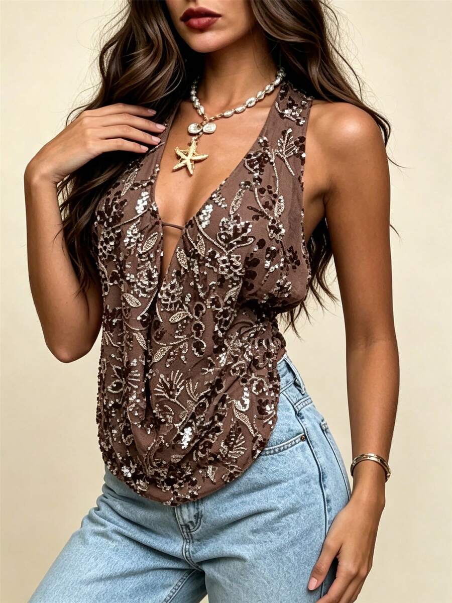 Sequin Halter Top For Women Sexy Sleeveless Deep V Neck Backless Glitter Tank Top Night Out Party Rave Outfits - 咖啡棕 - 查看 1