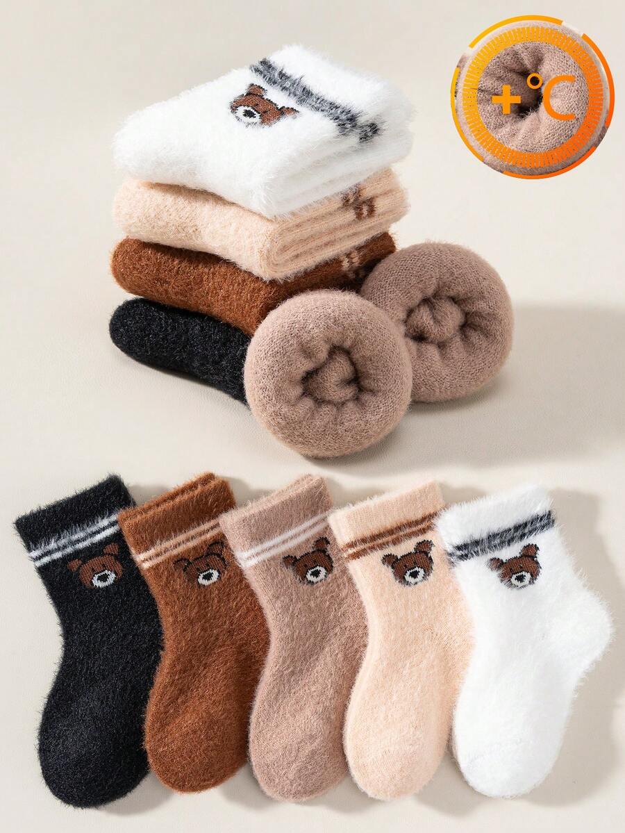 5雙兒童仿貂毛抓絨內裡保暖中筒襪,簡約小熊提花圖案,柔軟加厚,秋冬男孩女孩居家地板襪 - 彩色 - 查看 1