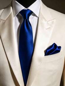 1 Set de corbata para hombre, conjunto de corbata formal clásica de unicolor y pañuelo de bolsillo - azul real - Ver 1