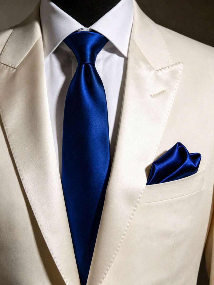 1 Set de corbata para hombre, conjunto de corbata formal clásica de unicolor y pañuelo de bolsillo - azul real - Ver 1