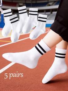 5 Pairs Minimalist Double Stripe Kids Sports Mid-Calf Socks, Suitable For Boys And Girls, All Season - Multicolor - View 11
