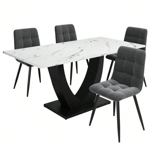 Dining Table Set (5 Pieces), Dining Table Set With 4 Chairs, Modern Kitchen Table Set, U-Shaped Design Kitchen Table, Black Legs, White Marble Tabletop, Grey Velvet Dining Chairs - Multicolor - View 1