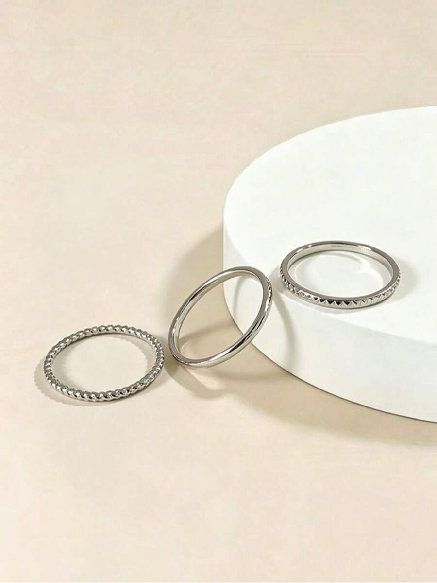 3pcs Women's Ring Set, Silver Copper Minimalist Rings With Spiral Texture, Suitable For Daily Wear, Party And Gathering - Silver - View 1