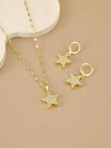 1pc Fashion Sparkling Rhinestone Star Stainless Steel Women's Necklace, 1 Pair Fashion Sparkling Rhinestone Star Stainless Steel Women's Earrings, Gold Necklace, Gold Earrings, Stainless Steel Jewelry, Gold Jewelry, Summer, Beach, Vacation Jewelry, Charm, Pride, Western Jewelry, Gift For Women, Gift, Birthday Gift - Yellow Gold - View 2