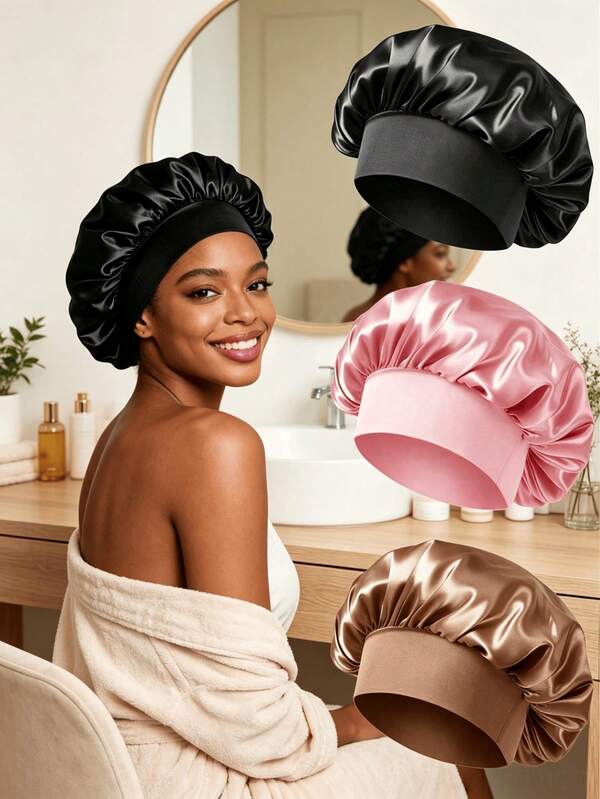 3/2/1 Stück einfarbige Kunstseide-Satin-Schlafmütze mit glattem, glänzendem Stoff, hoch elastischem breitem Stirnband, passt bequem am Kopf ohne Enge. Oversized Design bedeckt langes, lockiges Haar vollständig, reduziert Haarreibung, Spliss, Trockenheit und Frizz. Atmungsaktiv und hautfreundlich, kein Schwitzen, in Schwarz und Rosa, einfach und vielseitig, geeignet für Nachtschlaf, Hautpflege, Hauskleidung, langanhaltende Haarpflege für glatte Textur.