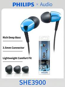 PHILIPS SHE3900BL 有線入耳式耳機，深沉強勁低音立體聲耳機，3 種尺寸柔軟矽膠耳塞，鍍金 3.5mm 插頭，1.2M 銅線，10-22000Hz 寬頻響應，輕量舒適佩戴有線耳機，藍色原裝正品 - 查看 1