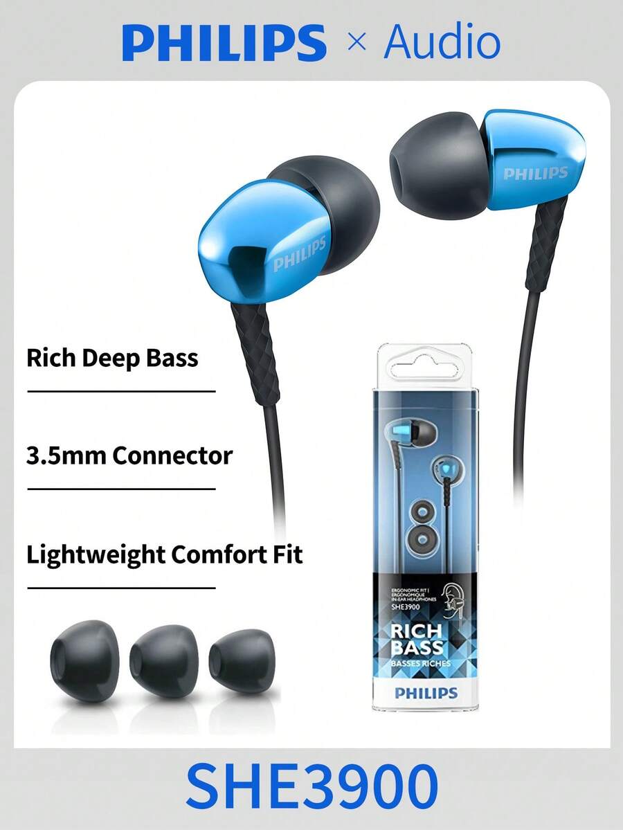 PHILIPS SHE3900BL 有線入耳式耳機，深沉強勁低音立體聲耳機，3 種尺寸柔軟矽膠耳塞，鍍金 3.5mm 插頭，1.2M 銅線，10-22000Hz 寬頻響應，輕量舒適佩戴有線耳機，藍色原裝正品 - 查看 1