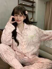 2 peças/Conjunto Pijama Feminino, Conjunto de Roupa de Descanso, Cardigan Confortável com Gola Lapela, Estampa Assimétrica do Oriente Médio, Manga Longa, Calça Longa, Adequado para Todas as Estações - Rosa chiclete - Visão 6