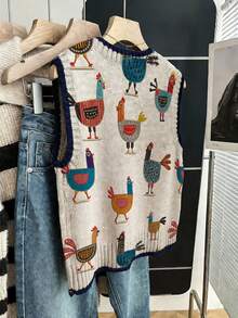 Tank Top Rajut Wanita Motif Ayam Jantan Vintage, Leher Bulat Rajut Bergaris, Potongan Reguler, Cocok untuk Musim Gugur dan Gaya Bohemian - Aprikot - View 3