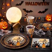 10/20/50/80pcs Halloween Horror Party Tableware Set, Haunted House Witch Flying Pumpkin Layered Paper Plates Cups Napkins, Halloween Disposable Plates, Pumpkin Lantern, Witch, Castle And Spider Web Pattern, Halloween Trick Or Treat Horror Decoration Supplies - View 3