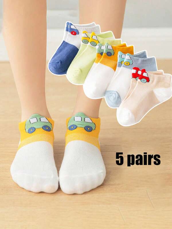 5 Pairs Spring/Summer Kids Short Socks, Mesh Cartoon Car Design, Suitable For Boys And Girls, 1-16 Years Old