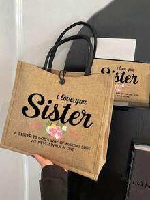 I Love You Sister Linen Tote Bag, Makeup Bag, Minimalist Jesus Letter Print Linen Handbag, Sister Gift, Linen Shopping Bag, Floral Print - Multicolor - View 5