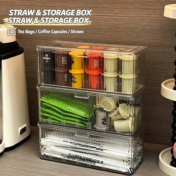 1 pièce Boîte de rangement transparente pour pailles avec couvercle, rangement anti-poussière pour bar à domicile, sacs de thé au lait, organisateur de capsules de café de bureau