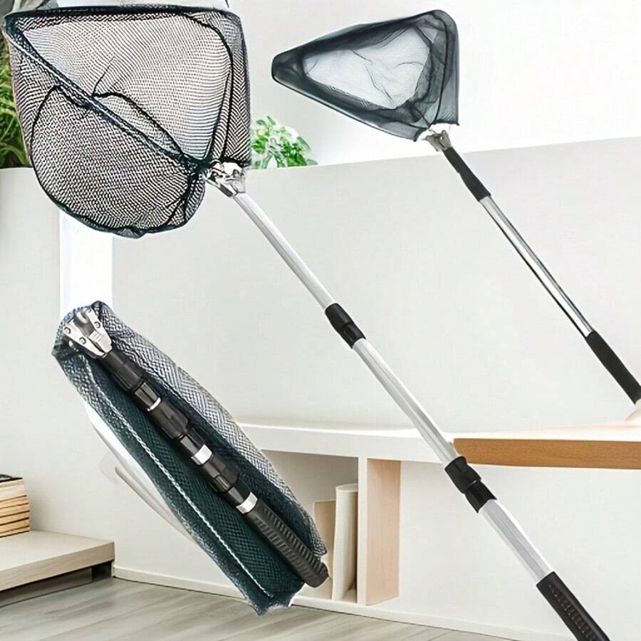 1pc Aluminum Alloy Telescopic Fishing Net, Triangular Mesh Design, Essential Tool For Freshwater/Saltwater Fishing, Suitable For Catching Shrimp, Crab, Fish, Fishing Accessory, Ideal Choice For Outdoor Fishing