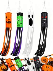 4 piezas Banderas de jardín con temática de Halloween, impresas con patrones de dibujos animados de fantasmas, calabazas, murciélagos y otros monstruos aterradores. Perfectas para decoración colgante al aire libre, letreros de patio de Halloween, o decoraciones de fiesta para el hogar, patio, césped, jardín y pasillo. - color - Ver 7