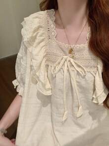 1pc Women's Nightgown, French Romantic Square Neck Pullover Comfortable Loungewear Dress, Suitable For Spring And Summer - Champagne - View 4